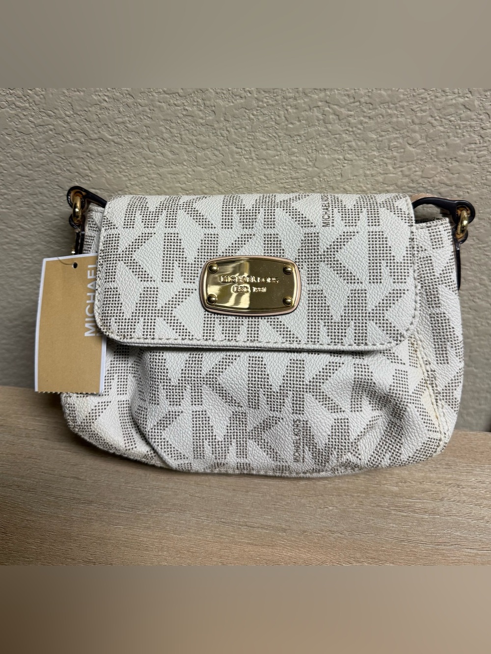 Michael Kors White and Light Gray Logo Crossbody with Gold Plate
